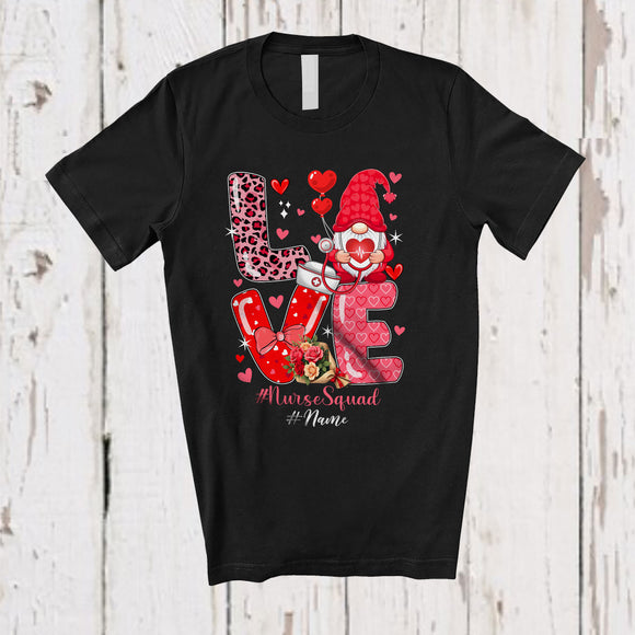 MacnyStore - Personalized Custom Name Love Nurse Squad; Lovely Valentine Hearts Gnome Leopard T-Shirt