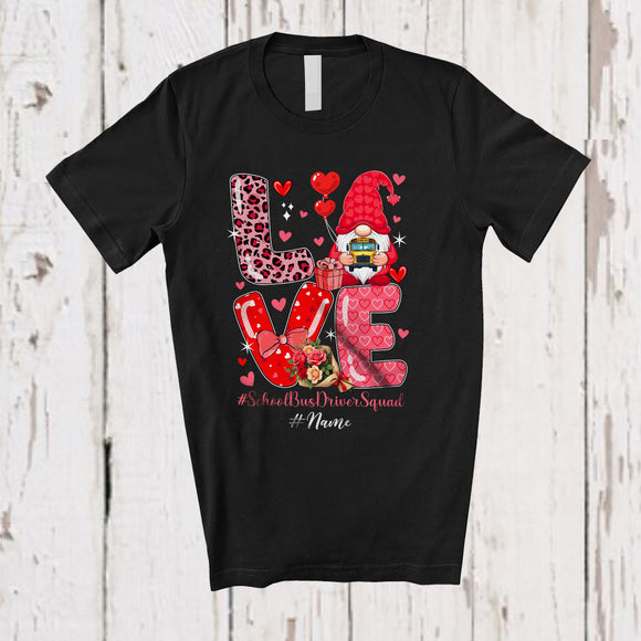 MacnyStore - Personalized Custom Name Love School Bus Driver Squad; Lovely Valentine Hearts Gnome Leopard T-Shirt