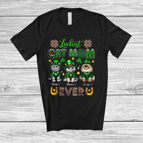 MacnyStore - Personalized Custom Name Luckiest Cat Mom Ever; Lovely St. Patrick's Day Leprechaun Family T-Shirt