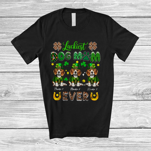 MacnyStore - Personalized Custom Name Luckiest Dog Mom Ever; Lovely St. Patrick's Day Three Beagle Owner T-Shirt