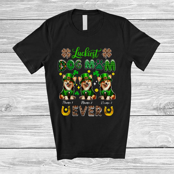 MacnyStore - Personalized Custom Name Luckiest Dog Mom Ever; Lovely St. Patrick's Day Three Corgi Owner T-Shirt