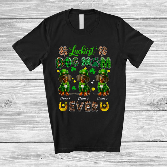 MacnyStore - Personalized Custom Name Luckiest Dog Mom Ever; Lovely St. Patrick's Day Three Dachshund T-Shirt