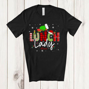 MacnyStore - Personalized Custom Name Lunch Lady; Lovely Christmas Plaid Green Santa Hand; Lunch Lady Squad T-Shirt