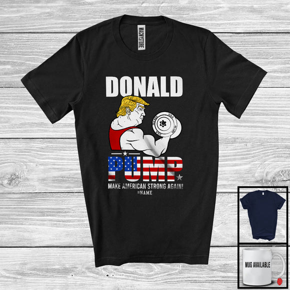 MacnyStore - Personalized Custom Name Make America Strong Again; Humorous Election USA Flag; Weightlifting T-Shirt