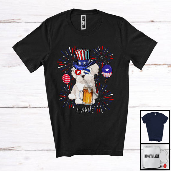 MacnyStore - Personalized Custom Name Maltese Drinking Beer, Lovely 4th Of July Fireworks, Patriotic T-Shirt