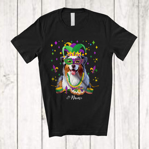 MacnyStore - Personalized Custom Name Mardi Gras Mask Australian Shepherd Face; Joyful Parades Jester Hat Beads T-Shirt