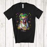 MacnyStore - Personalized Custom Name Mardi Gras Mask Australian Shepherd Face; Joyful Parades Jester Hat Beads T-Shirt