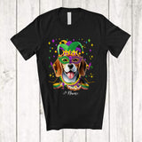 MacnyStore - Personalized Custom Name Mardi Gras Mask Beagle Face; Joyful Parades Jester Hat Beads T-Shirt