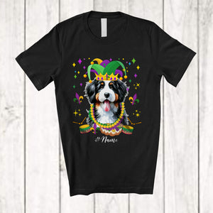 MacnyStore - Personalized Custom Name Mardi Gras Mask Bernedoodles Face; Joyful Parades Jester Hat Beads T-Shirt