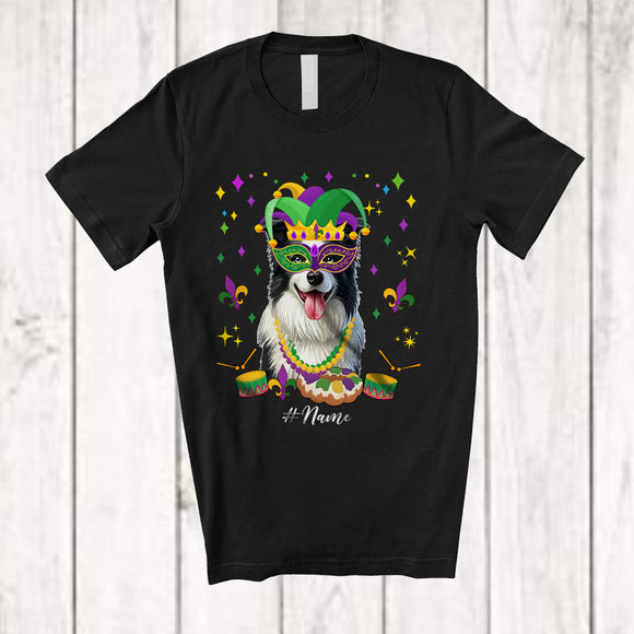 MacnyStore - Personalized Custom Name Mardi Gras Mask Border Collie Face; Joyful Parades Jester Hat Beads T-Shirt