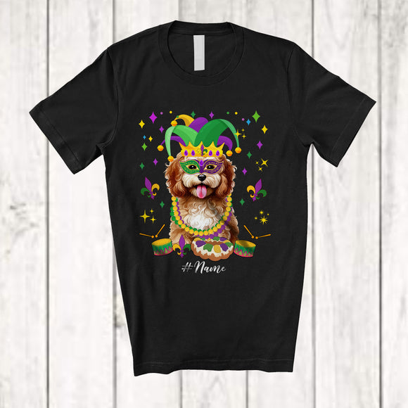 MacnyStore - Personalized Custom Name Mardi Gras Mask Cockapoo Face; Joyful Parades Jester Hat Beads T-Shirt