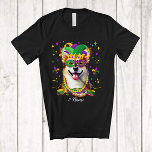 MacnyStore - Personalized Custom Name Mardi Gras Mask Corgi Face; Joyful Parades Jester Hat Beads T-Shirt