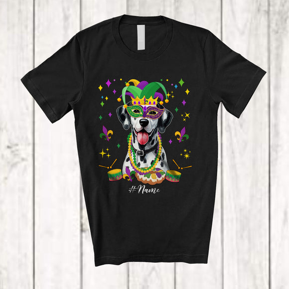 MacnyStore - Personalized Custom Name Mardi Gras Mask Dalmatian Face; Joyful Parades Jester Hat Beads T-Shirt