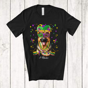 MacnyStore - Personalized Custom Name Mardi Gras Mask German Shepherd Face; Joyful Parades Jester Hat Beads T-Shirt