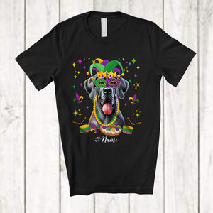 MacnyStore - Personalized Custom Name Mardi Gras Mask Great Dane Face; Joyful Parades Jester Hat Beads T-Shirt