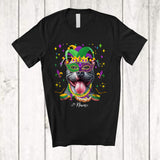 MacnyStore - Personalized Custom Name Mardi Gras Mask Pit Bull Face; Joyful Parades Jester Hat Beads T-Shirt