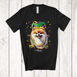 MacnyStore - Personalized Custom Name Mardi Gras Mask Pomeranian Face; Joyful Parades Jester Hat Beads T-Shirt