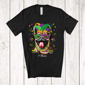 MacnyStore - Personalized Custom Name Mardi Gras Mask Pug Face; Joyful Parades Jester Hat Beads T-Shirt