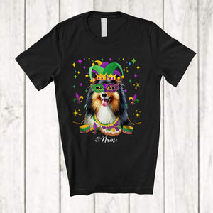 MacnyStore - Personalized Custom Name Mardi Gras Mask Shelties Face; Joyful Parades Jester Hat Beads T-Shirt