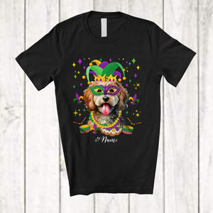 MacnyStore - Personalized Custom Name Mardi Gras Mask Sproodle Face; Joyful Parades Jester Hat Beads T-Shirt