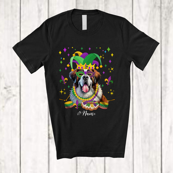 MacnyStore - Personalized Custom Name Mardi Gras Mask St. Bernard Face; Joyful Parades Jester Hat Beads T-Shirt