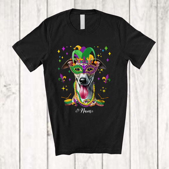 MacnyStore - Personalized Custom Name Mardi Gras Mask Whippet Face; Joyful Parades Jester Hat Beads T-Shirt