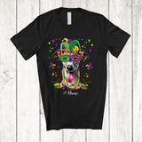 MacnyStore - Personalized Custom Name Mardi Gras Mask Whippet Face; Joyful Parades Jester Hat Beads T-Shirt