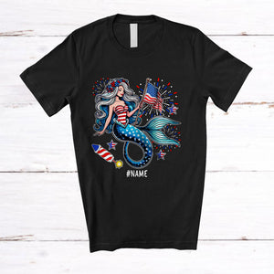 MacnyStore - Personalized Custom Name Mermaid 4th Of July; Lovely American Flag Mermaid Cosplay; Family T-Shirt