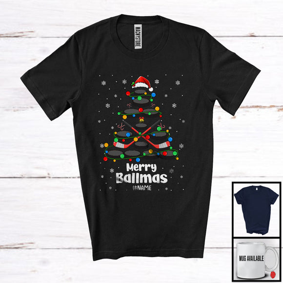 MacnyStore - Personalized Custom Name Merry Ballmas; Joyful Santa Hockey Christmas Tree; Sport Player Team T-Shirt