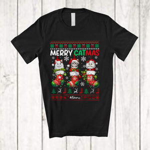 MacnyStore - Personalized Custom Name Merry Catmas; Lovely Christmas Sweater 3 Santa Cat In X-mas Socks T-Shirt