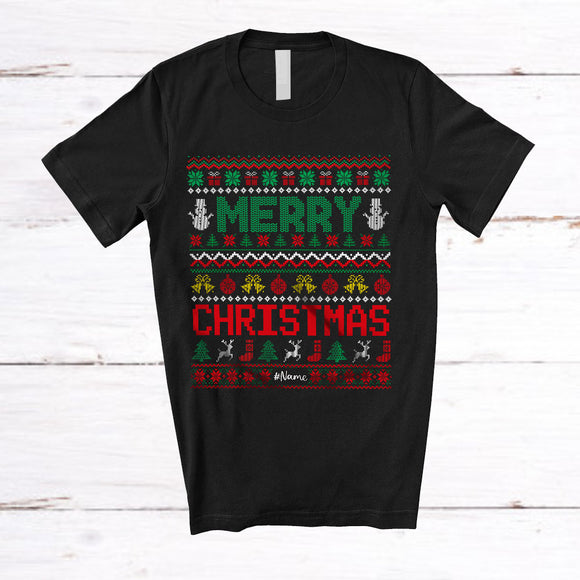 MacnyStore - Personalized Custom Name Merry Christmas; Amazing X-mas Sweater Bells Snowman; Family T-Shirt