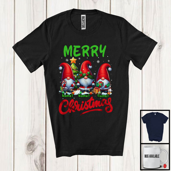 MacnyStore - Personalized Custom Name Merry Christmas; Joyful X-mas Tree Three Gnomes; Snowing T-Shirt