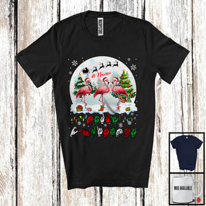 MacnyStore - Personalized Custom Name Merry Christmas; Lovely Three ASL Flamingos; X-mas Moon Sign Language T-Shirt