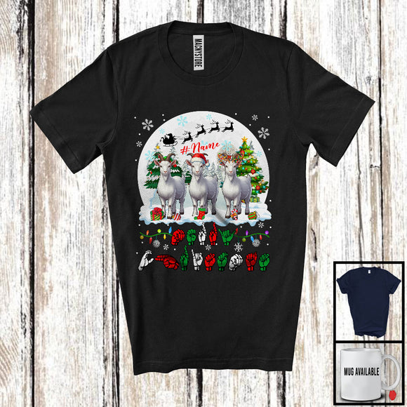 MacnyStore - Personalized Custom Name Merry Christmas; Lovely Three ASL Goats; X-mas Moon Sign Language T-Shirt