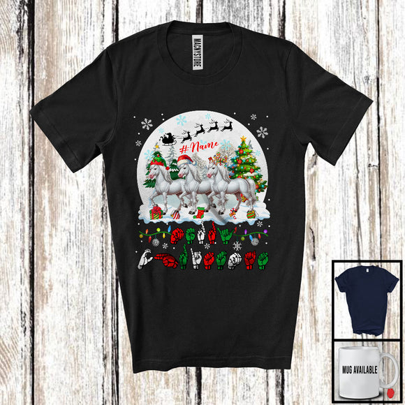 MacnyStore - Personalized Custom Name Merry Christmas; Lovely Three ASL Horses; X-mas Moon Sign Language T-Shirt