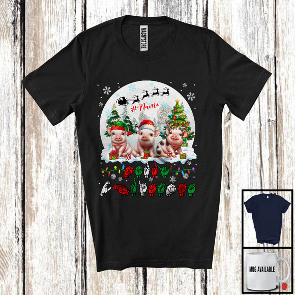 MacnyStore - Personalized Custom Name Merry Christmas; Lovely Three ASL Pigs; X-mas Moon Sign Language T-Shirt