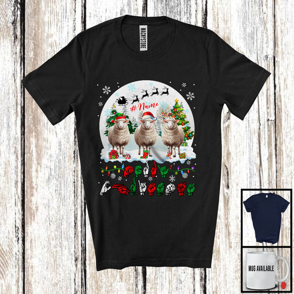 MacnyStore - Personalized Custom Name Merry Christmas; Lovely Three ASL Sheeps; X-mas Moon Sign Language T-Shirt