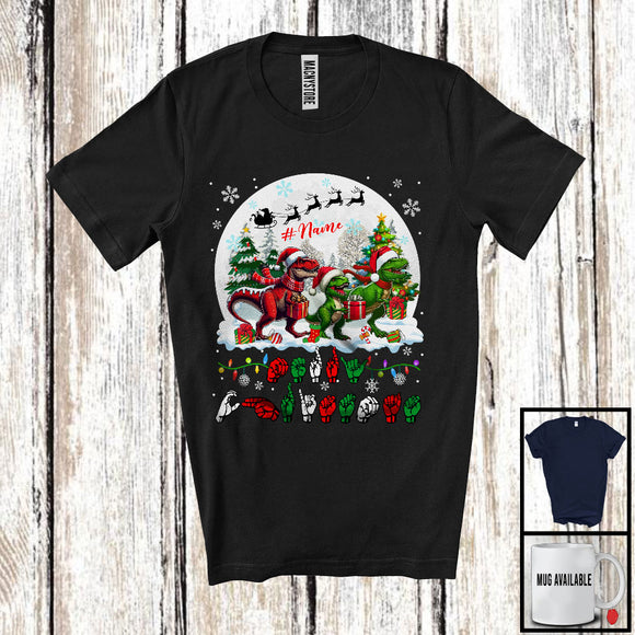 MacnyStore - Personalized Custom Name Merry Christmas; Lovely Three ASL T-Rex; X-mas Moon Sign Language T-Shirt