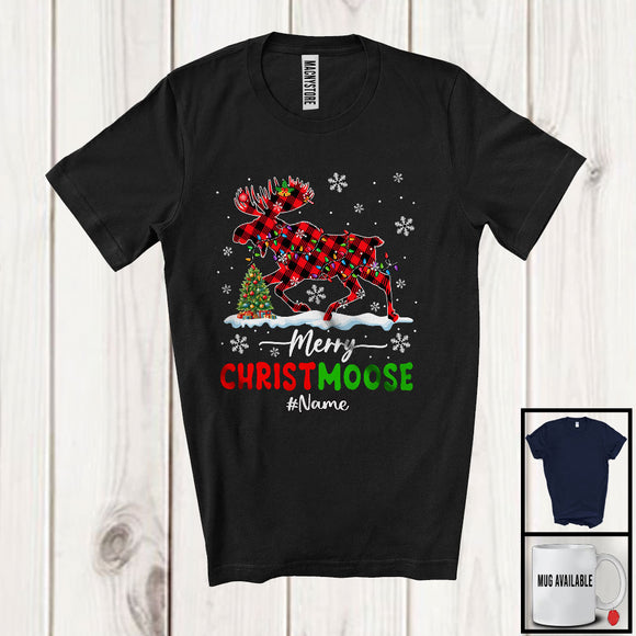 MacnyStore - Personalized Custom Name Merry Christmoose; Awesome Christmas Red Plaid Moose; X-mas Lights T-Shirt