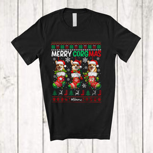 MacnyStore - Personalized Custom Name Merry Corgmas; Lovely Christmas Sweater 3 Santa Corgi In X-mas Socks T-Shirt