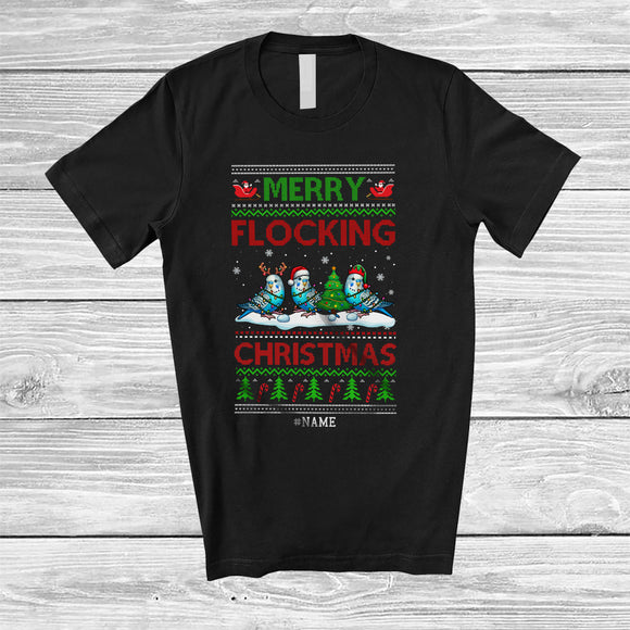 MacnyStore - Personalized Custom Name Merry Flocking; Wonderful Christmas Sweater Three Budgerigar; Bird T-Shirt