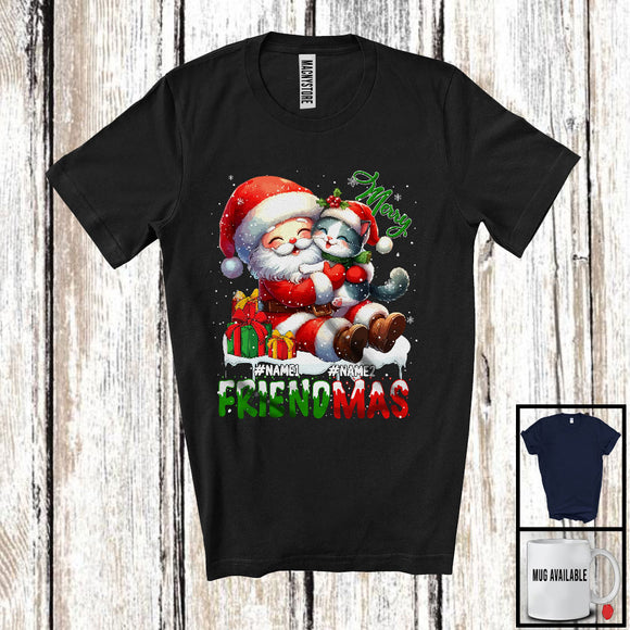 MacnyStore - Personalized Custom Name Merry Friendmas; Lovely Christmas Santa With Cat Owner; Snowing T-Shirt