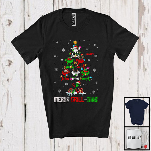 MacnyStore - Personalized Custom Name Merry Grill-mas; Amazing Christmas Lights Tree Grilling; BBQ Smoker T-Shirt