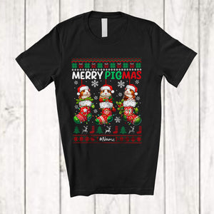 MacnyStore - Personalized Custom Name Merry Pigmas; Lovely Christmas Sweater 3 Santa Guinea Pig In X-mas Socks T-Shirt