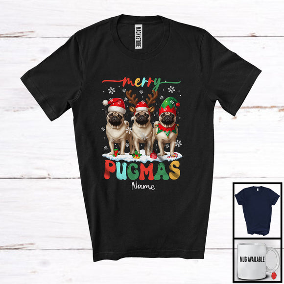 MacnyStore - Personalized Custom Name Merry Pugmas; Lovely Christmas Three Santa Reindeer Elf Pug Dog T-Shirt