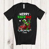 MacnyStore - Personalized Custom Name Merry Rawrmas; Amusing Christmas T-Rex Dinosaur Riding Pickup Truck T-Shirt