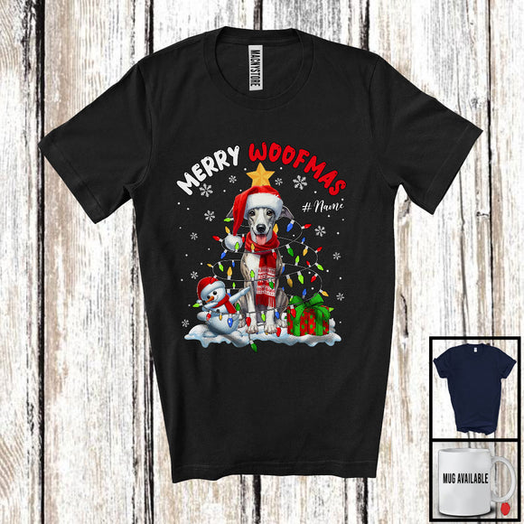 MacnyStore - Personalized Custom Name Merry Woofmas; Lovely Christmas Lights Santa Whippet; Snowman T-Shirt