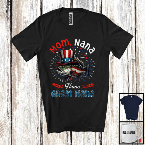 MacnyStore - Personalized Custom Name Mom Nana Great Nana, Amazing 4th Of July Bass Fish Family Group T-Shirt