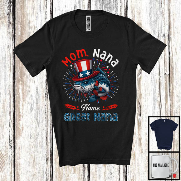 MacnyStore - Personalized Custom Name Mom Nana Great Nana, Amazing 4th Of July Catfish Family Group T-Shirt