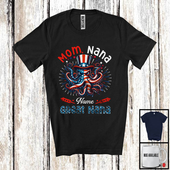 MacnyStore - Personalized Custom Name Mom Nana Great Nana, Amazing 4th Of July Octopus Family Group T-Shirt